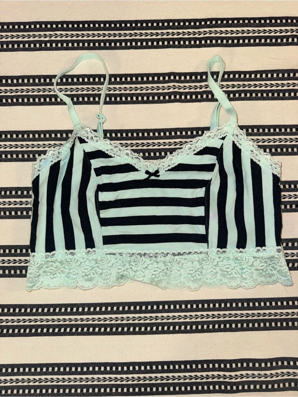 Y2K PINK Victoria's Secret Mint and Black Striped Lace-Trim Bralette, Medium